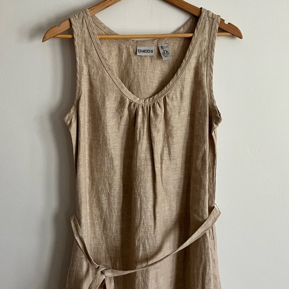 Chico’s Beige Linen Sleeveless Tie Waist Summer Dress with pockets - Picture 5 of 9